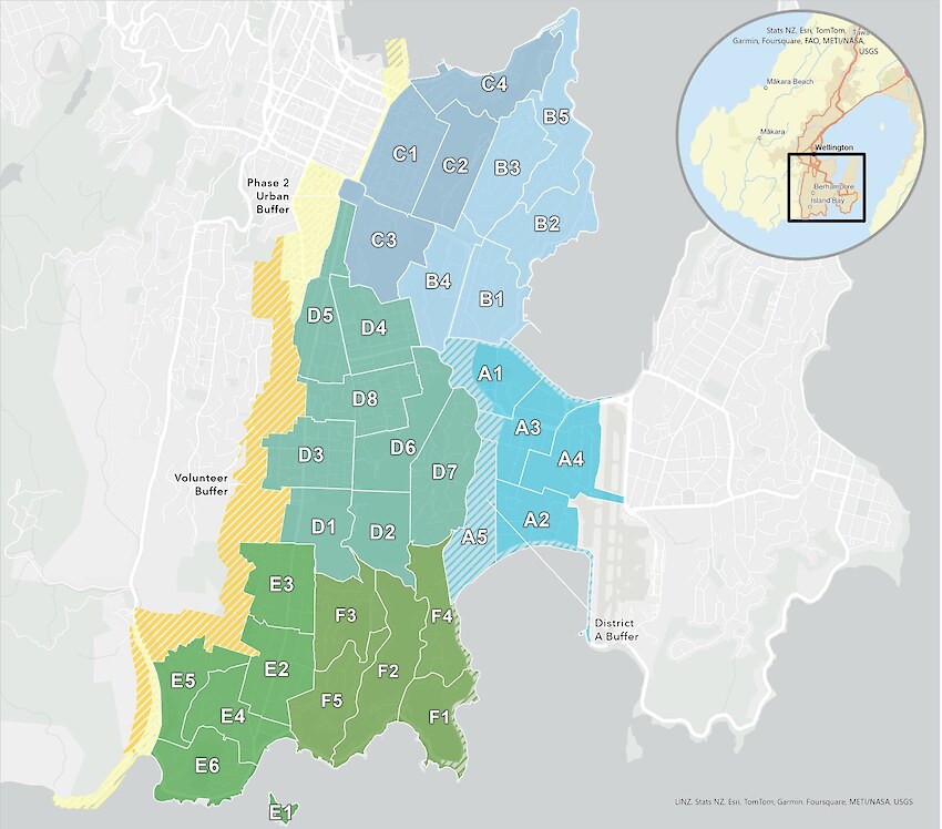 Map showing the 1400-hectare Phase 2 project area, divided into Districts (A - F) and Zones (numbered).