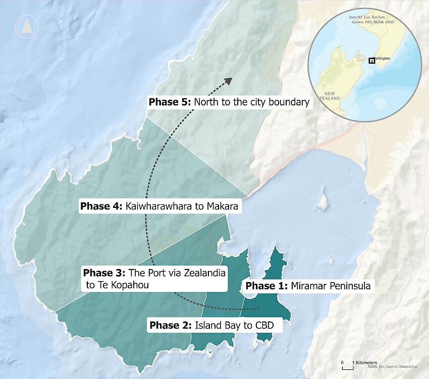 Map showing the five project phases, beginning with Miramar Peninsula and progressing west.